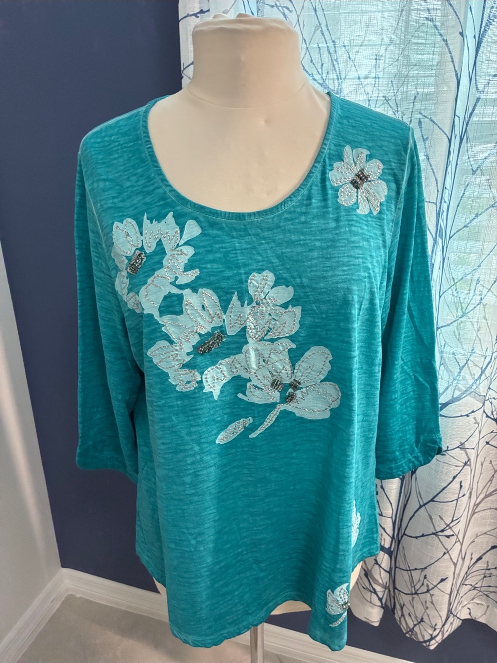 Chico’s Teal Floral Embellished Scoop Neck Top